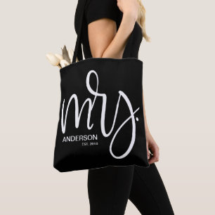 Personalised Mrs. ESTABLISHED - white on black Tote Bag