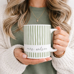 Personalised Mrs Mug Green Striped Coffee Mug