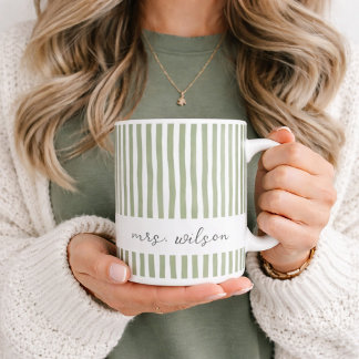 Personalised Mrs Mug Green Striped Coffee Mug