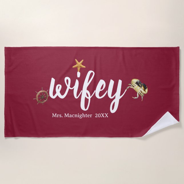 Personalised Mrs. Russet with Ocean Creatures Beach Towel (Front)