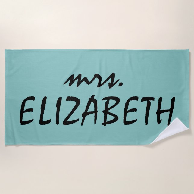 Personalised Mrs Teal And White Newlywed Bride Beach Towel (Front)