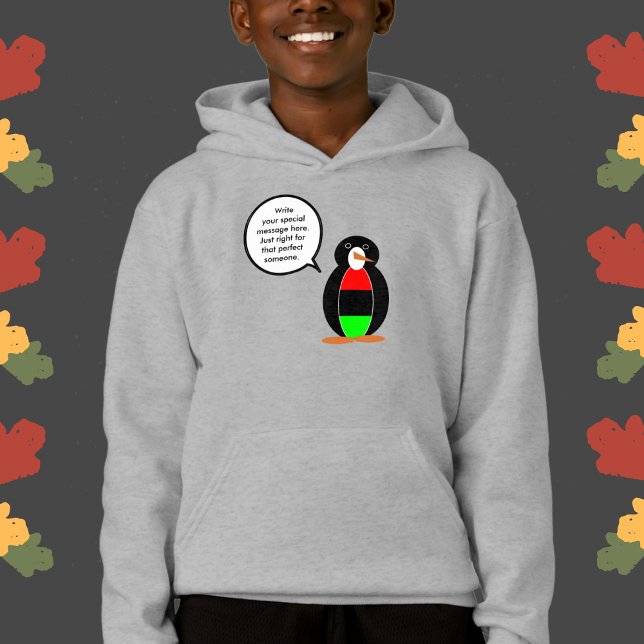 Personalised Ms Penguin African Diaspora Talking (Boy's hoodie with penguin wearing African Diaspora Flag. Talk bubble lets you add personalized text )