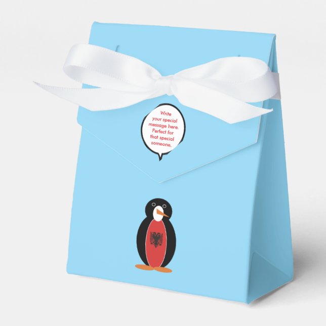 Personalised Ms. Penguin Albania Tent Favour Box (Front Side)
