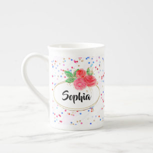 Personalised mug, glitter flower cup, custom name bone china mug