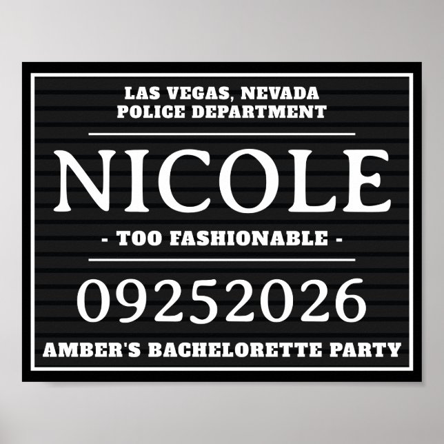Personalised Mug Shot Signs, Bachelorette Party Poster (Front)