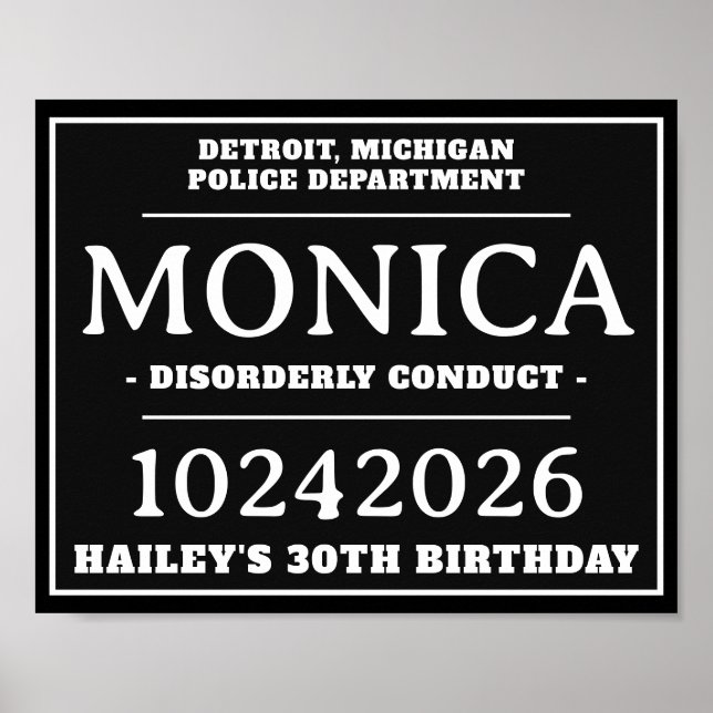 Personalised Mug Shot Signs, Birthday Party Poster (Front)