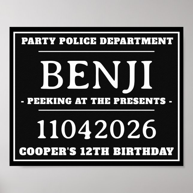 Personalised Mug Shot Signs, Birthday Party Poster (Front)
