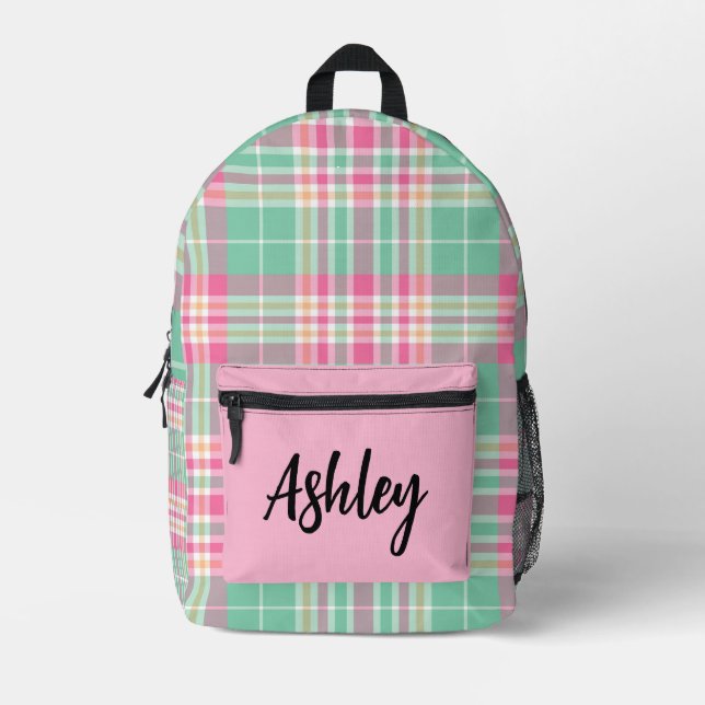 Personalised  Multi-Coloured Plaid  Printed Backpack (Front)