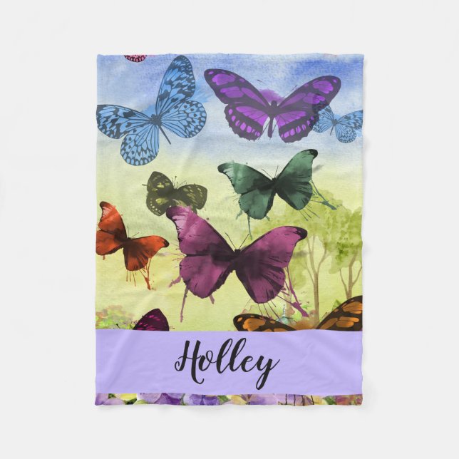 Personalised Multicolor Butterfly Watercolor Fleece Blanket (Front)