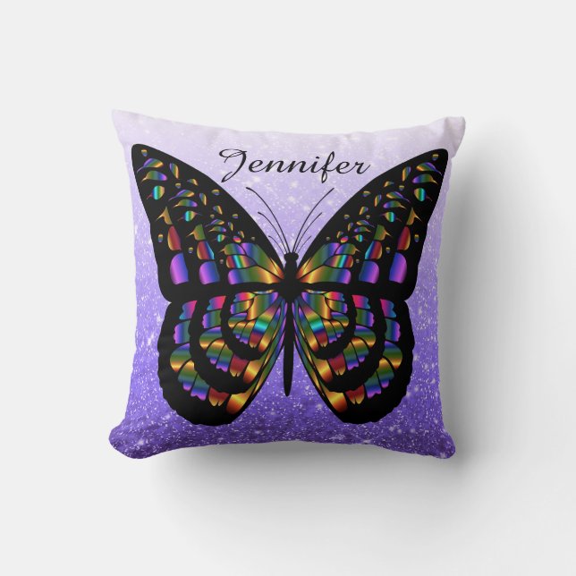 Personalised Multicolored  Butterfly On Blue Cushion (Front)