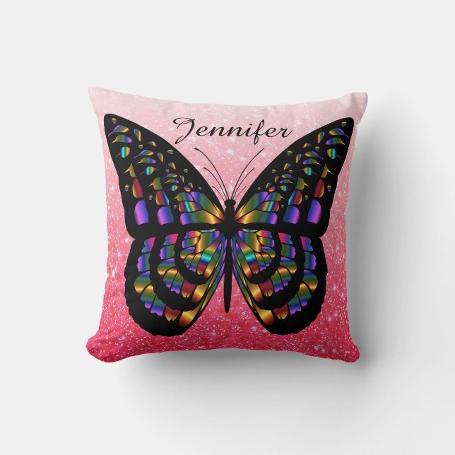 Personalised Multicolored  Butterfly On Pink Cushion (Front)