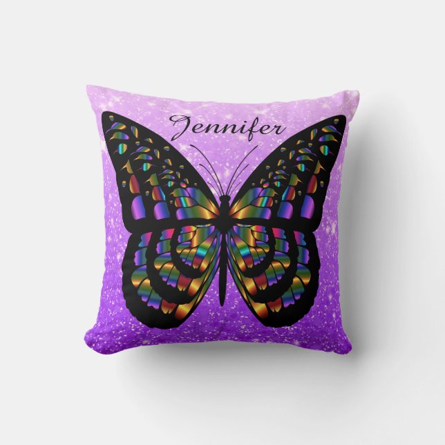 Personalised Multicolored  Butterfly On Purple Cushion (Front)