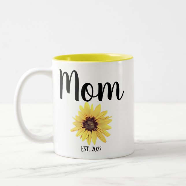 Personalised Mum Est. Painted Sunflower Two-Tone Coffee Mug (Left)