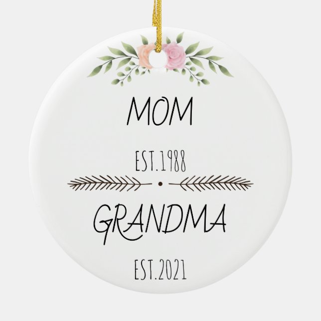 Personalised Mum Grandma Est Custom Year, flowers Ceramic Ornament (Back)