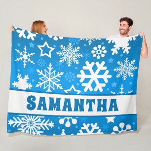 Personalised Mum Name Blue Snowflake Christmas Fleece Blanket