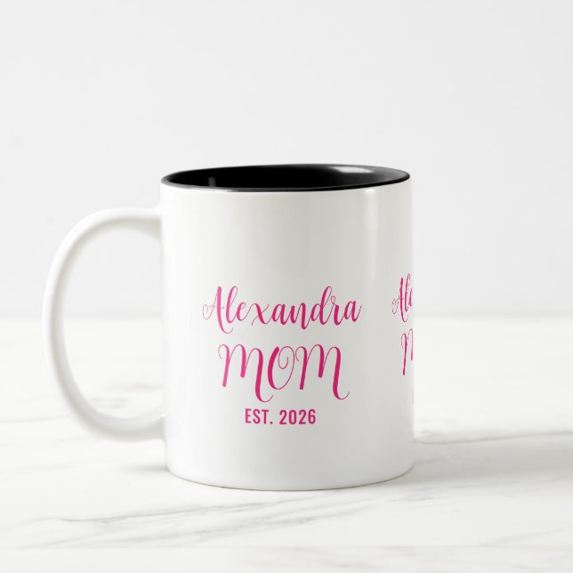 Personalised Mum Name Established Pink Script  Two-Tone Coffee Mug (Left)