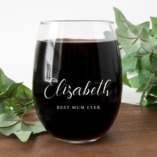 Personalised Mum White Script Monogram Stemless Wine Glass