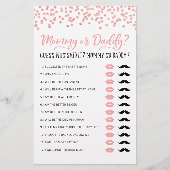 Personalised Mummy or Daddy Baby Shower party game (Front)