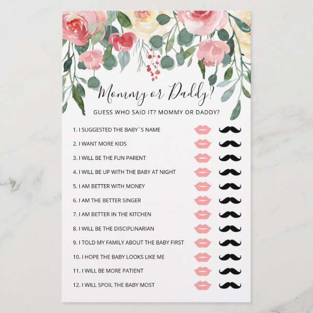 Personalised Mummy or Daddy Baby Shower party game (Front)