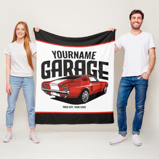 Personalised Muscle Car 1967 Red Fastback Garage Fleece Blanket (In Situ)