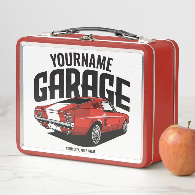 Personalised Muscle Car 1967 Red Fastback Garage Metal Lunch Box (In Situ)