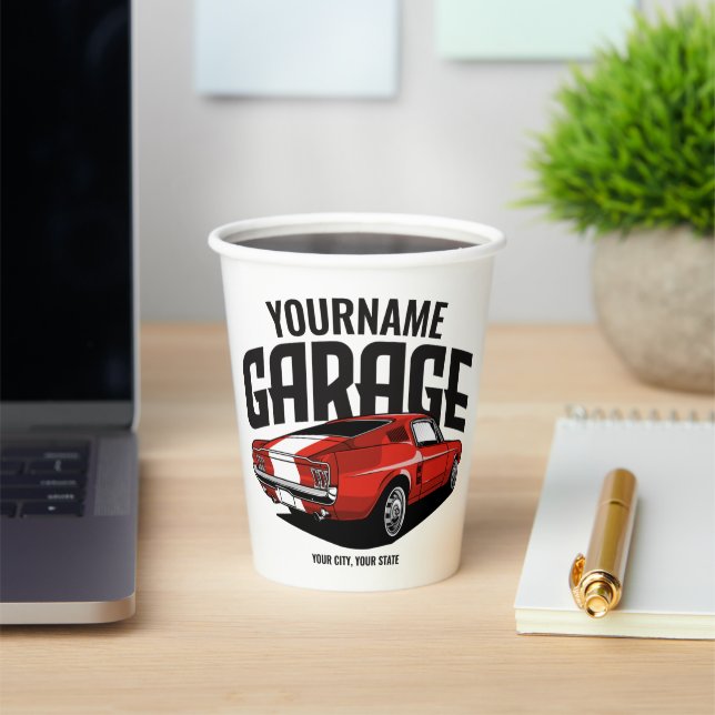 Personalised Muscle Car 1967 Red Fastback Garage  Paper Cups (Insitu)