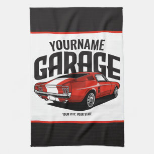 Personalised Muscle Car 1967 Red Fastback Garage Tea Towel