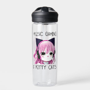 Personalised Music Gaming and Kitty Cat Anime Girl Water Bottle