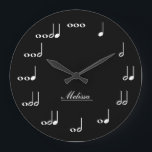 Personalised Music Notes Large Clock<br><div class="desc">Personalised music note wall clock.  Each note represents a beat in numerical value.  Add your name to customise the clock and make it unique!  Simple Black background. Custom colour request accepted.  Click the contact link below.</div>