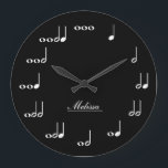 Personalised Music Notes Large Clock<br><div class="desc">Personalised music note wall clock.  Each note represents a beat in numerical value.  Add your name to customise the clock and make it unique!  Simple Black background. Custom colour request accepted.  Click the contact link below.</div>