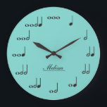 Personalised Music Notes Large Clock<br><div class="desc">Personalised music note wall clock.  Each note represents a beat in numerical value.  Add your name to customise the clock and make it unique!  Teal blue background. Custom colour request accepted.  Click the contact link below.</div>