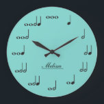 Personalised Music Notes Large Clock<br><div class="desc">Personalised music note wall clock.  Each note represents a beat in numerical value.  Add your name to customise the clock and make it unique!  Teal blue background. Custom colour request accepted.  Click the contact link below.</div>