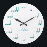 Personalised Music Notes - teal blue Large Clock<br><div class="desc">Personalised music note wall clock.  Each note represents a beat in numerical value.  Add your name to customise the clock and make it unique!  White background with teal blue. Custom colour request accepted.  Click the contact link below.</div>