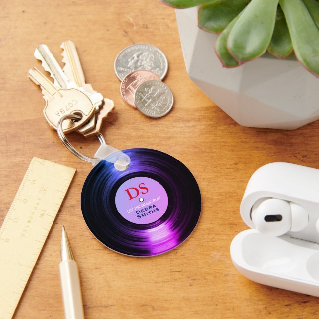 Personalised Music Vinyl Record Purple Key Ring (Desk)