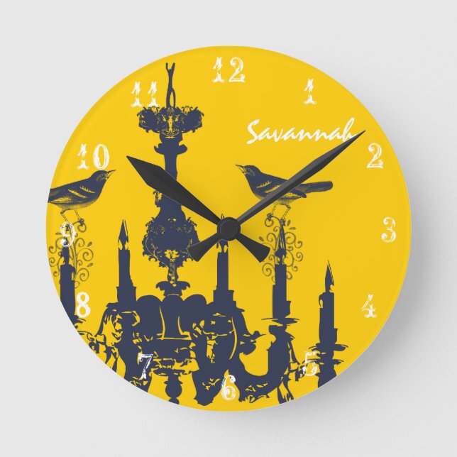 Personalised Mustard Yellow Chandelier Bird Clock (Front)
