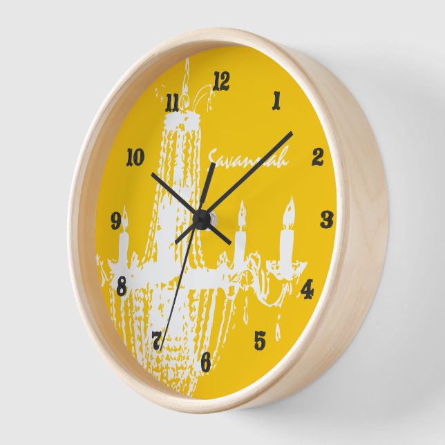 Personalised Mustard Yellow Chandelier Wall Clock (Angle)