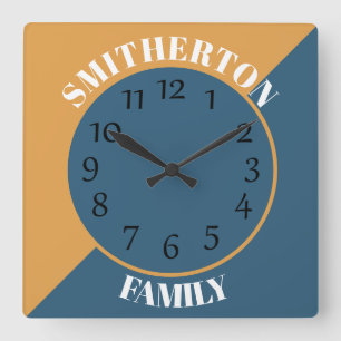 Personalised Mustard Yellow Navy Blue Square Wall Clock
