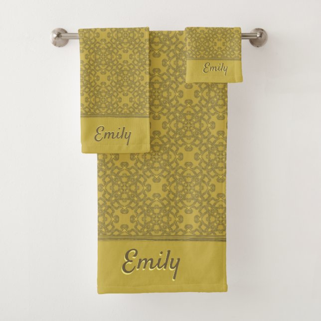 Personalised Mustard Yellow Pattern Bath Towel Set (Insitu)