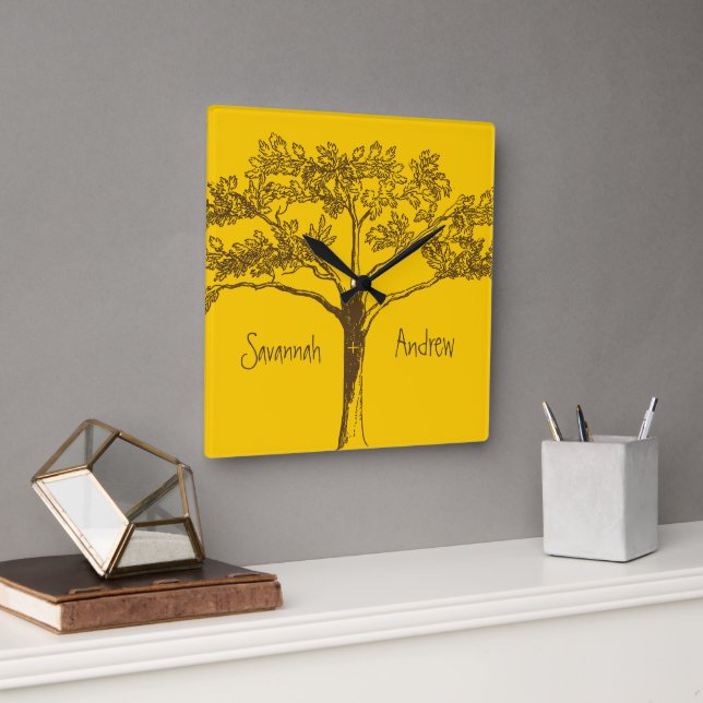 Personalised Mustard Yellow Vintage Tree Clock (Office)