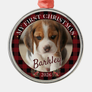 Personalised My First Christmas Dog Photo 2026 Metal Ornament