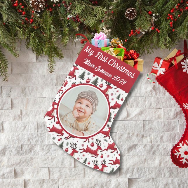 Personalised My First Christmas Photo Reindeer Small Christmas Stocking (Creator Uploaded)