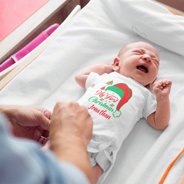 Personalised My First Christmas Tree Red Santa Hat Baby Bodysuit (Creator Uploaded)