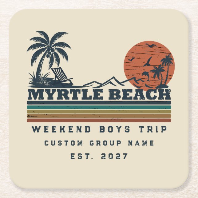 Personalised Myrtle Beach Weekend Bachelor Party Square Paper Coaster (Front)