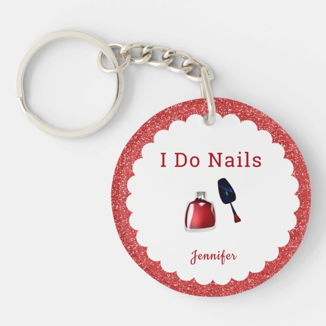Personalised Nail Tech Red Glitter Key Ring (Front)
