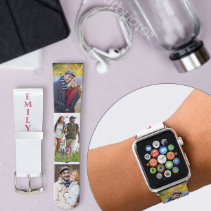Personalised Name 3 Photo Strip Collage Pink White Apple Watch Band
