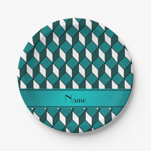 Personalised name 3d turquoise squares paper plate