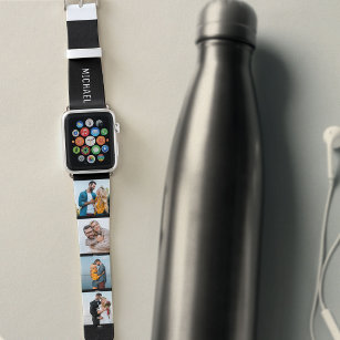 Personalised Name 4 Photo Collage Black White Apple Watch Band