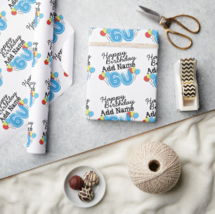 Personalised Name 60 yr Bday Blue - 60th Birthday Wrapping Paper