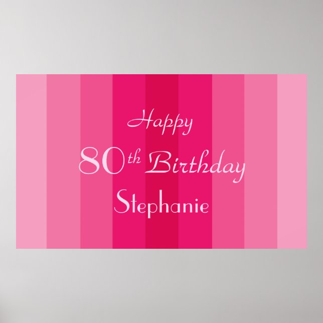 Personalised Name 80th Birthday Pink Stripes Poster (Front)