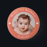 Personalised Name, Age And Photo Birthday Peach 6 Cm Round Badge<br><div class="desc">Adorable personalised name,  age and photo birthday peach button.</div>